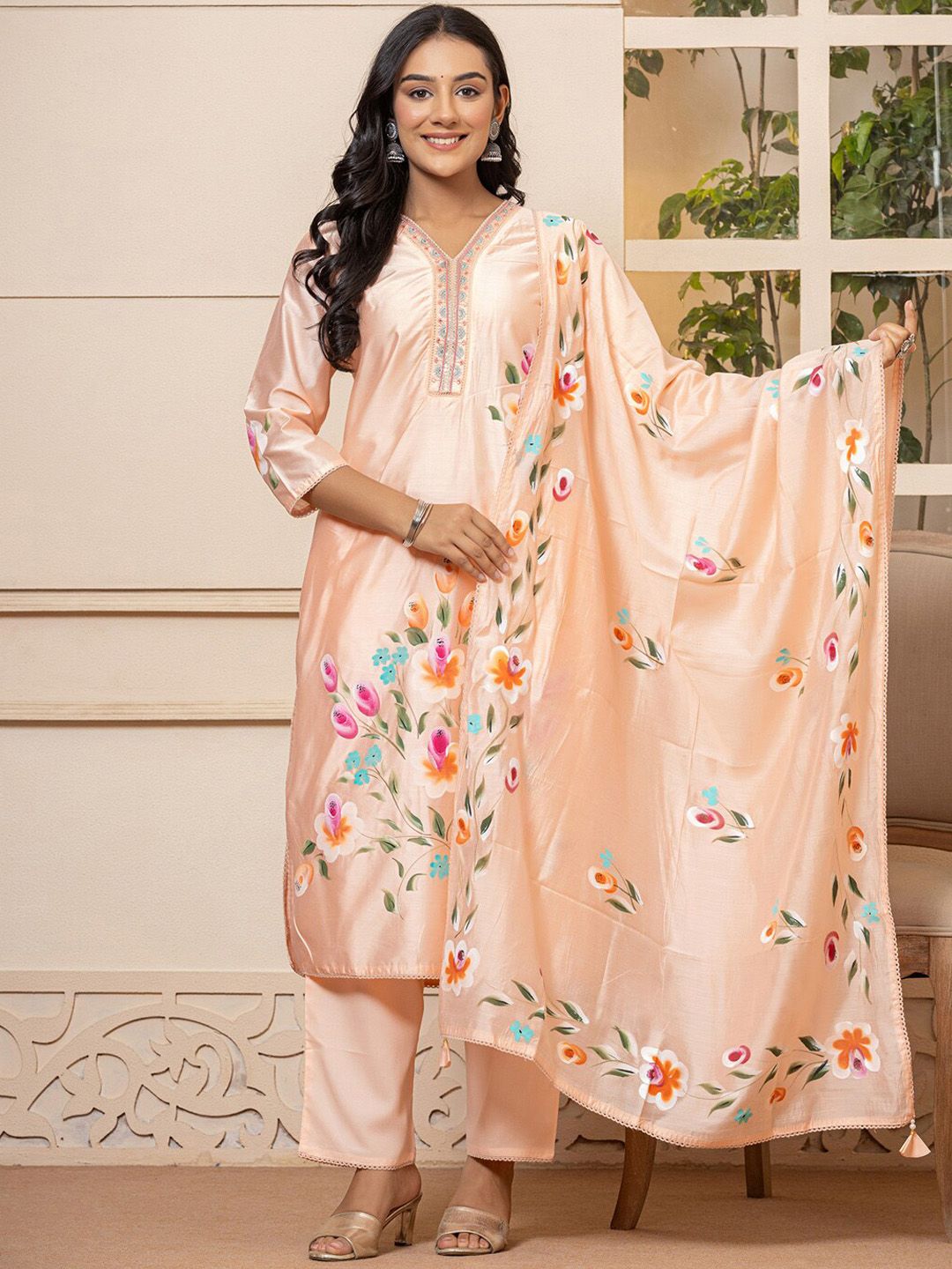 Floral Printed V-Neck Thread Work Straight Kurta with Trousers & Dupatta