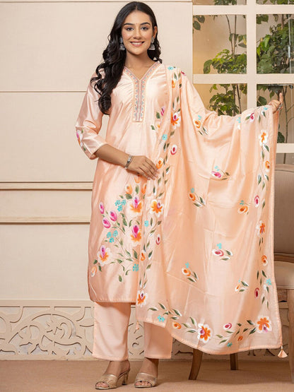 Floral Printed V-Neck Thread Work Straight Kurta with Trousers & Dupatta