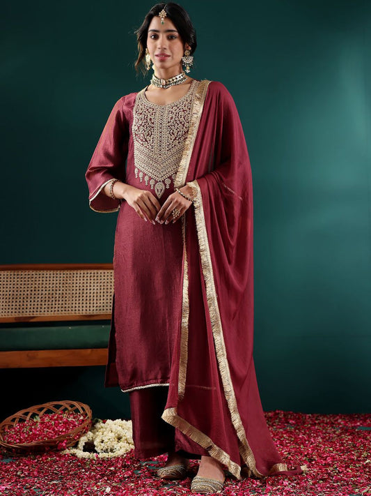 Dhiyona VA Women's Ethnic Motifs Embroidered Regular Thread Work Kurta with Palazzos & With Dupatta