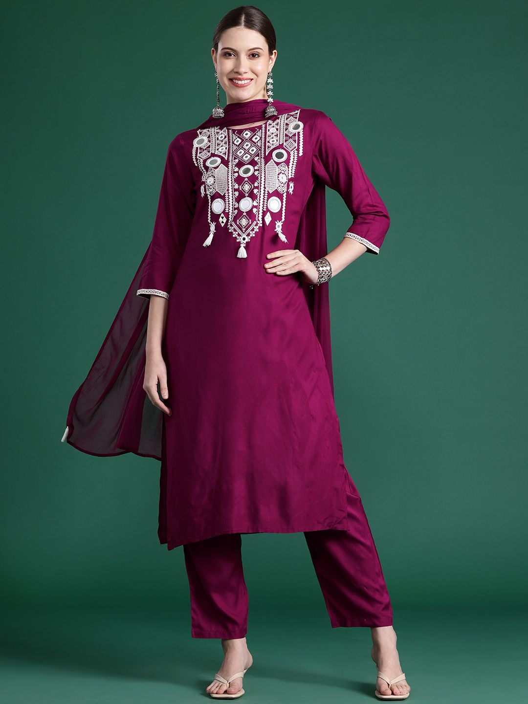 Embroidered Mirror Work Kurta With Trousers & Dupatta