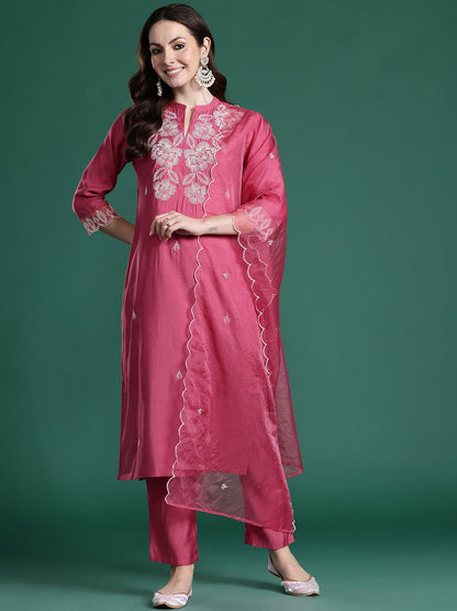 Dhiyona IE Ethnic Motifs Embroidered Thread Work Kurta with Trousers & With Dupatta