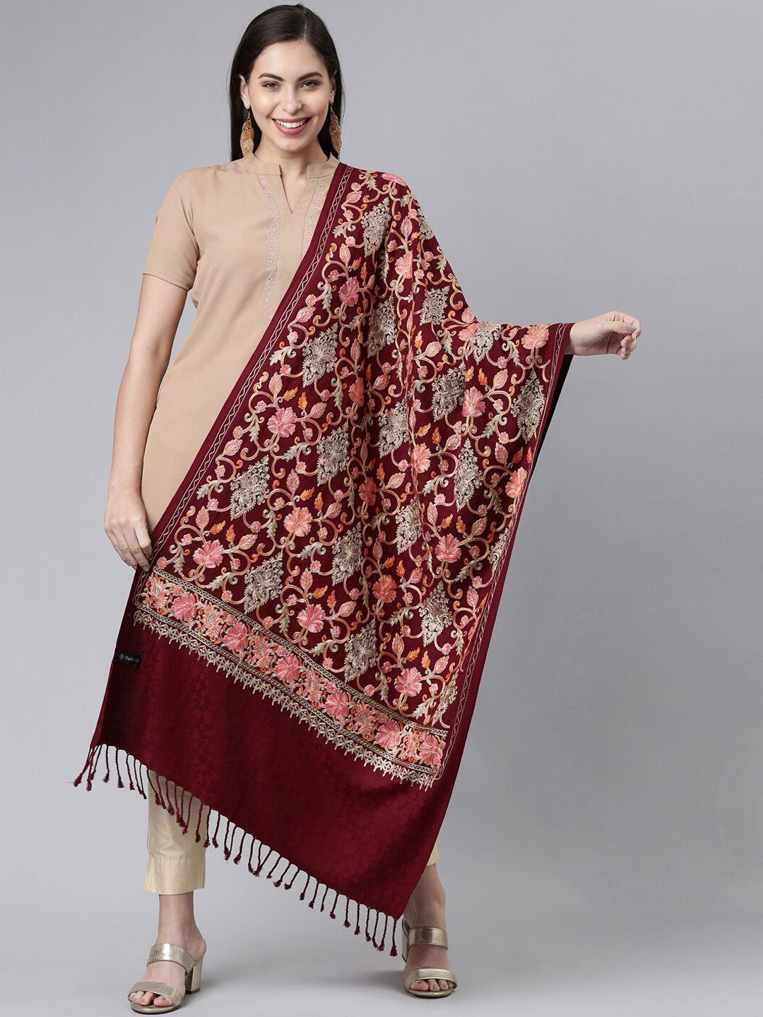 Dhiyona PA Women Maroon & Purple Embroidered Shawl