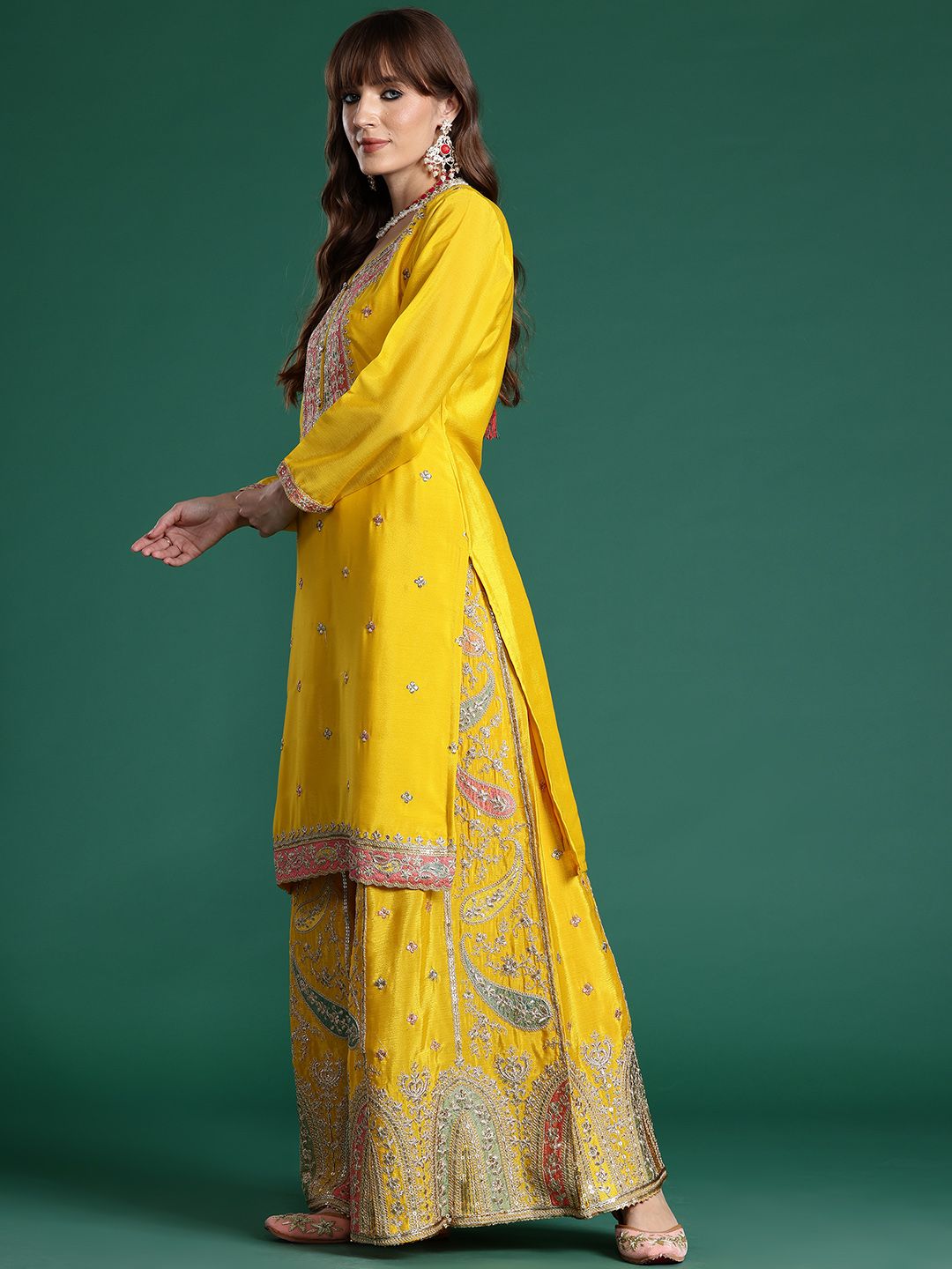Dhiyona IE Paisley Embroidered Sequinned Kurta with Palazzos & With Dupatta
