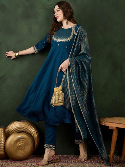 Dhiyona SN Women's Teal Floral Embroidered Regular Anarkali Kurta With Trouser With Dupatta