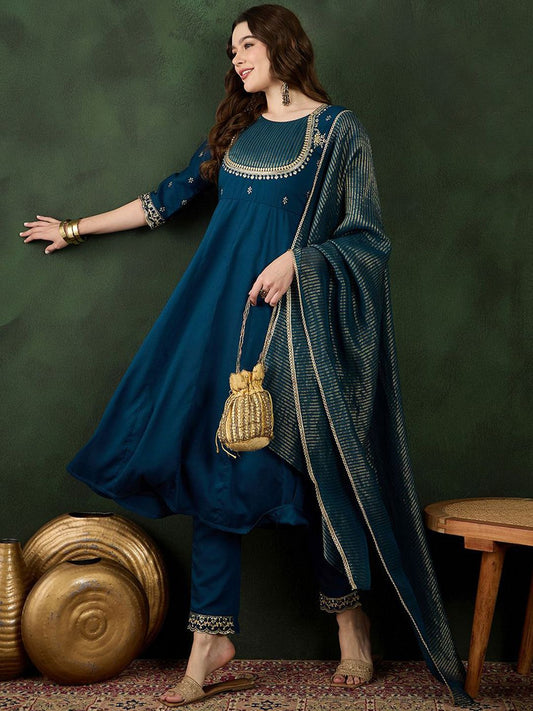Dhiyona SN Women's Teal Floral Embroidered Regular Anarkali Kurta With Trouser With Dupatta