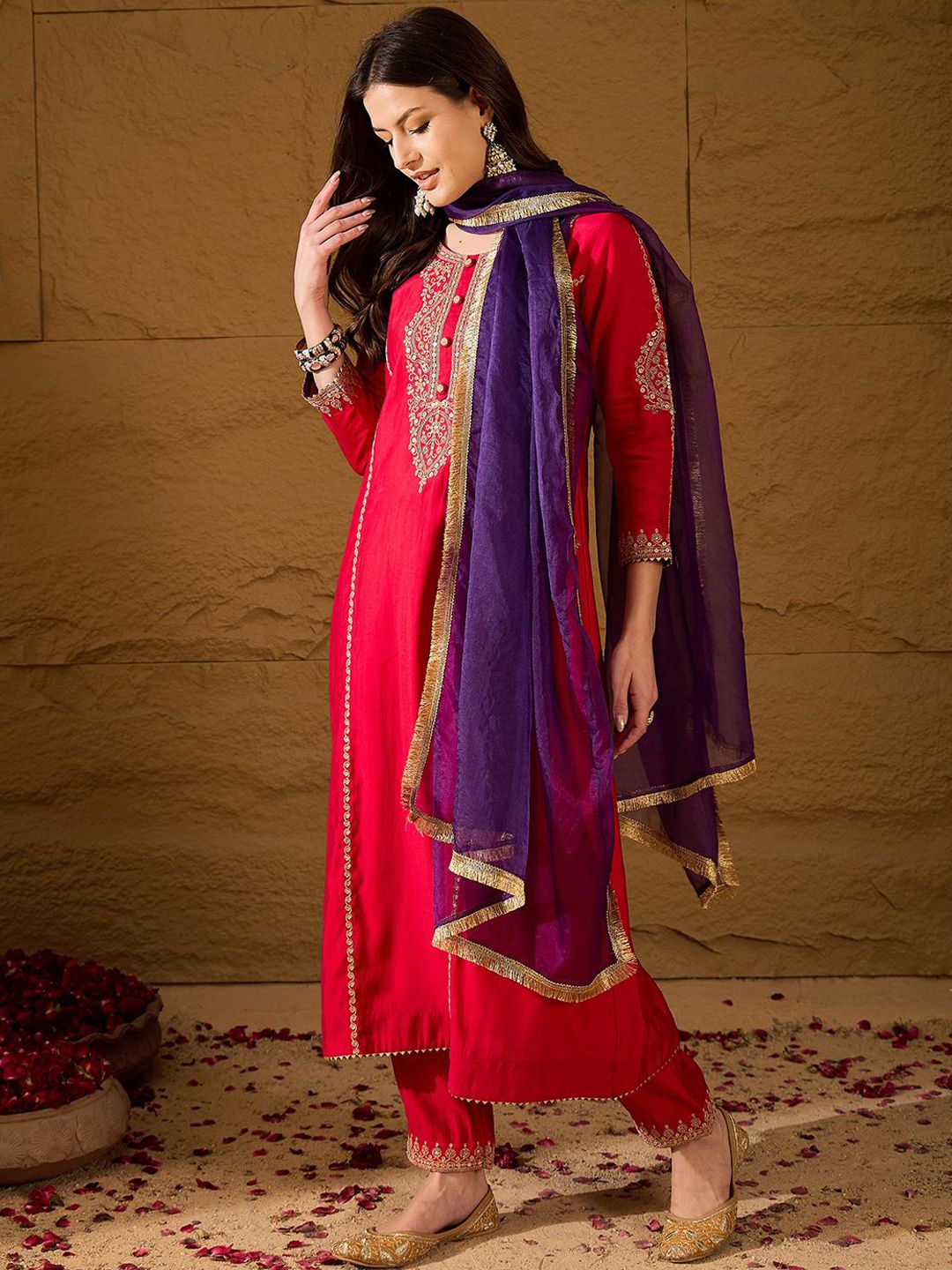 Dhiyona PD Women Embroidered A-Line Kurta & Trousers With Dupatta