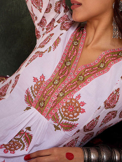 Dhiyona IE Floral Printed V-Neck Pure Cotton A-Line Tunic With Trouser