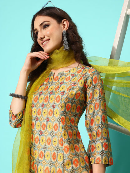 Dhiyona VA Women'sPrinted Panelled Kurta with Trousers & With Dupatta