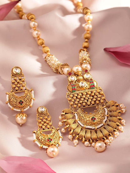 Dhiyona RJ Women's 22K Gold-Plated White, Red & Green Stone & Pearl Beaded Handcrafted Jewellery Set