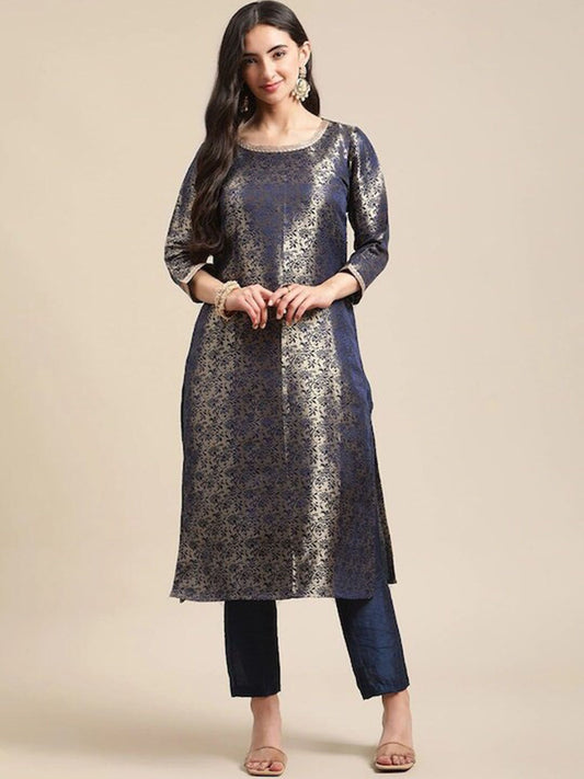 Dhiyona VA Women's Blue & Gold Floral Brocade Gotta Patti Straight Winter Kurta with Trousers