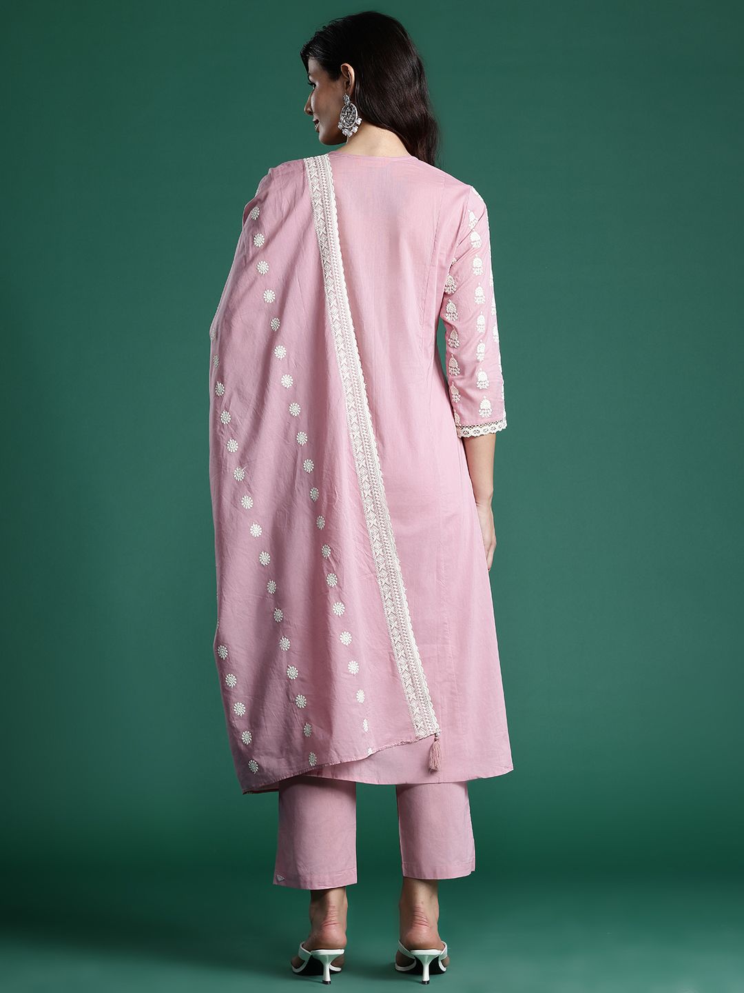 Ethnic Motifs Embroidered Pleated Thread Work Pure Cotton Kurta Set