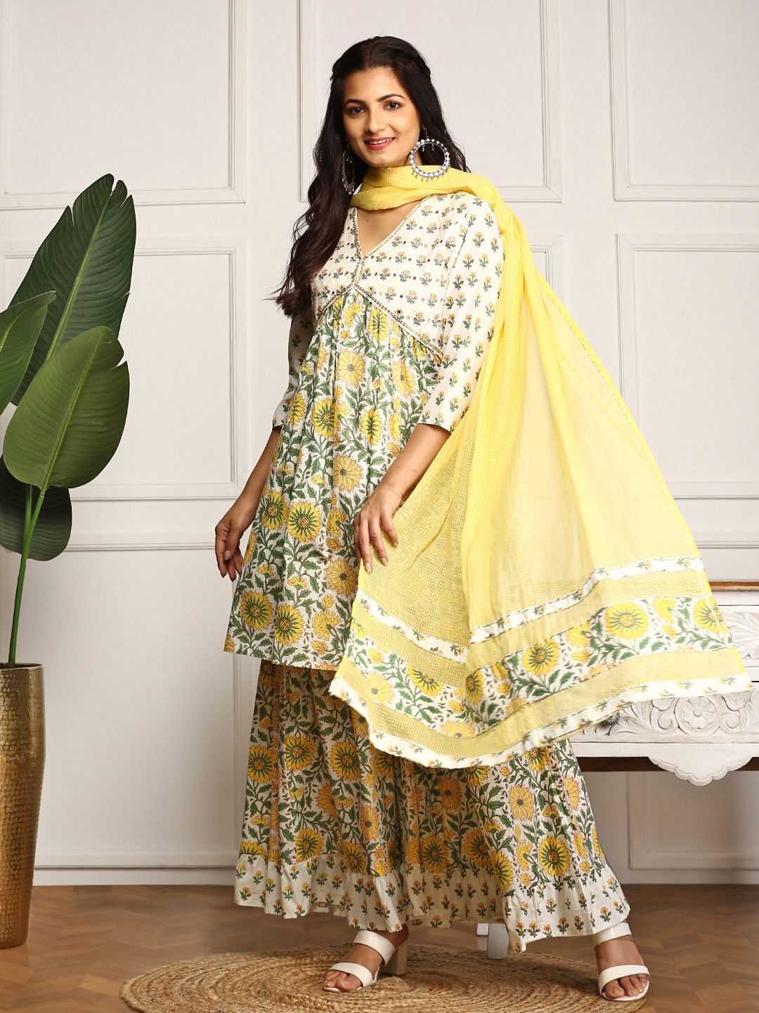 Dhiyona IS Women's Floral Printed Sequinned Pleated V-Neck Pure Cotton Kurta With Sharara & Dupatta