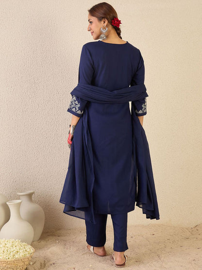 Women Embroidered Regular Thread Work Kurta with Trousers & With Dupatta