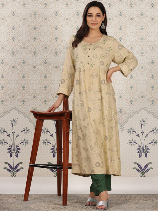 Dhiyona OD  Ethnic motifs Printed Mirror Work Detailed A-Line Kurta