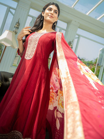 Ethnic Motifs Embroidered Sequinned A Line Kurta With Trousers & Dupatta