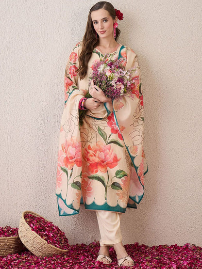Dhiyona IE Floral Printed V-Neck Beads & Stones Straight Kurta With Trouser And Dupatta
