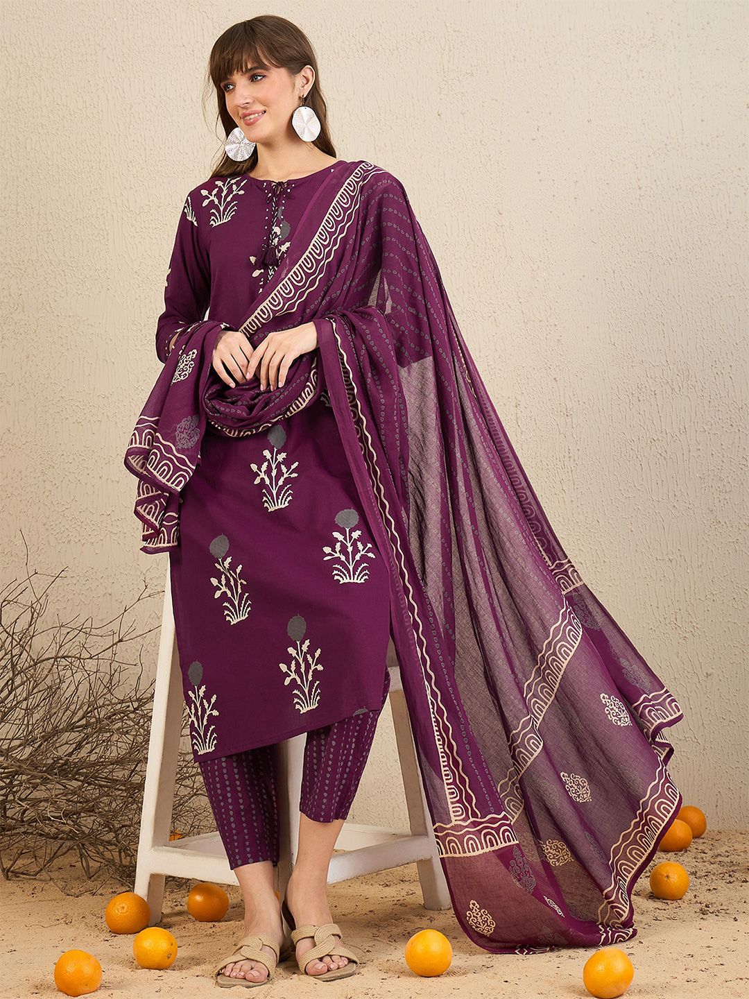 Dhiyona IE Floral Printed Tie-Up Neck Pure Cotton Straight Kurta With Trousers & Dupatta