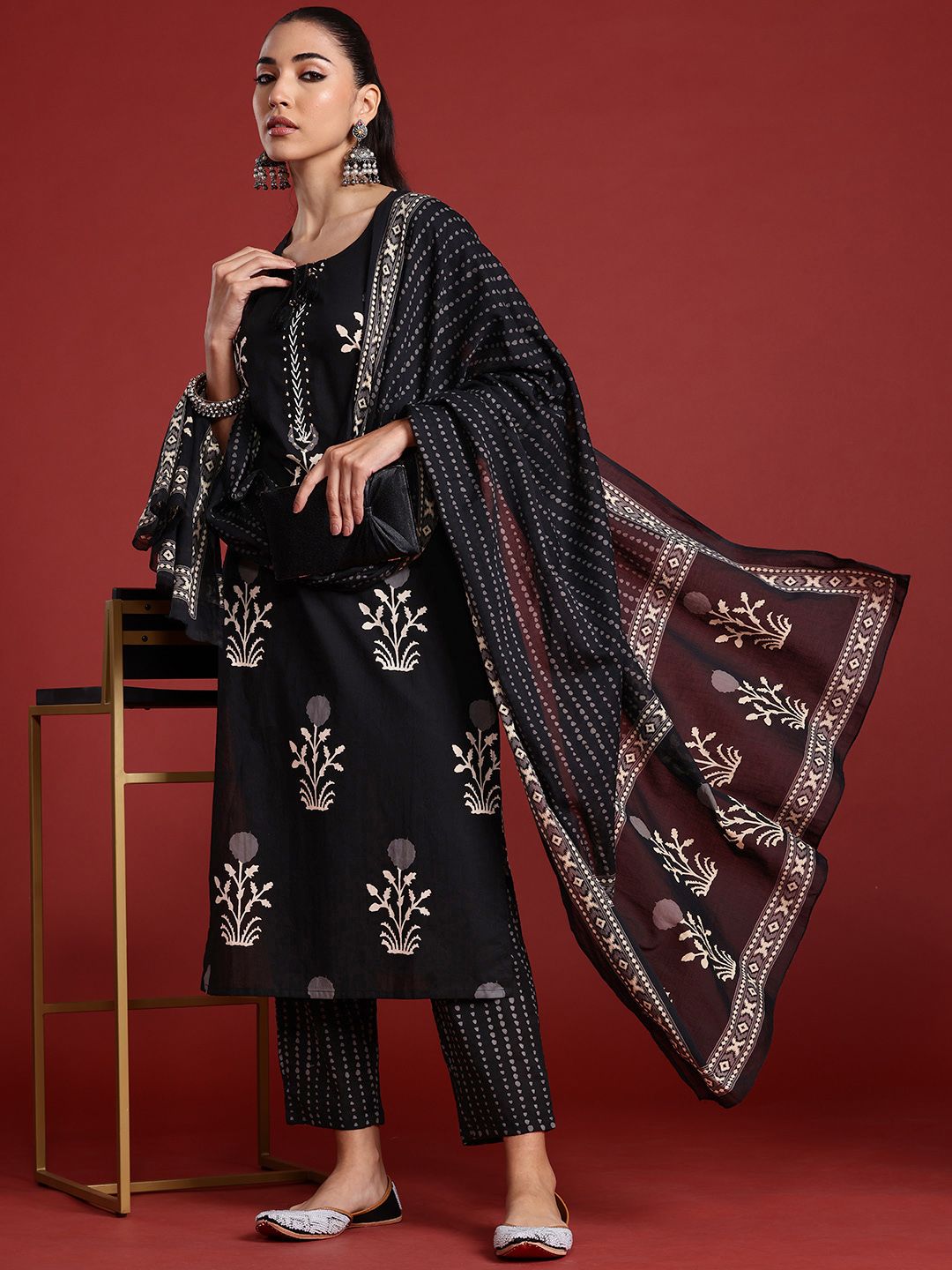 Dhiyona IE Floral Printed Kantha Work Pure Cotton Kurta With Trousers & Dupatta
