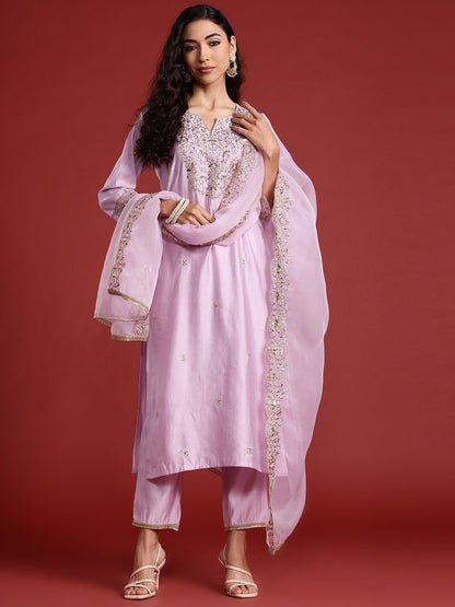 Dhiyona IE Floral Embroidered Liva Kurta With Trousers & Dupatta
