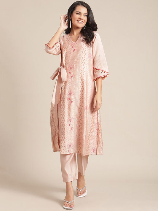 Dhiyona VA Women's Peach-Coloured Printed Regular Kurta with Trousers