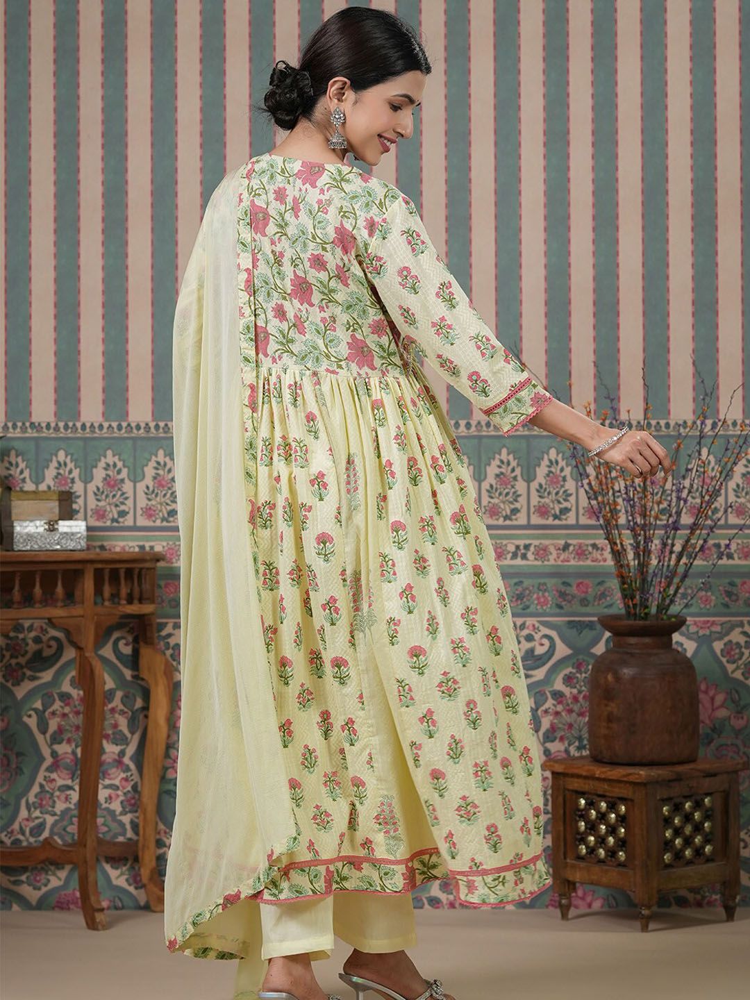 Dhiyona IS Women's Ethnic Motifs Embroidered Empire Mirror Work Anarkali Kurta With Trousers & Dupatta