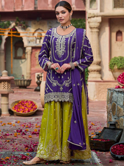 Floral Embroidered Sequinned Chinon Straight Kurta With Palazzos & Dupatta