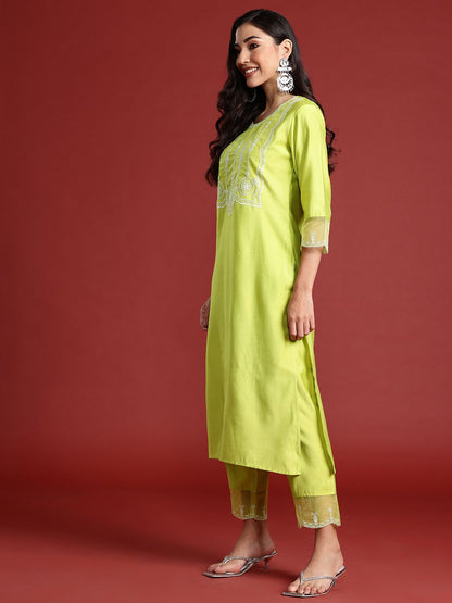 Dhiyona IE Ethnic Motifs Embroidered Aari Work Liva Kurta With Trousers & Dupatta