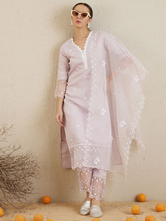 Dhiyona IE Floral Embroidered V-Neck Thread Work Kurta with Trousers & With Dupatta