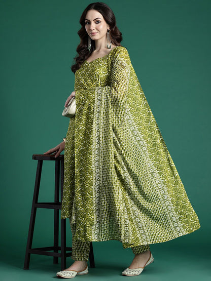 Dhiyona IE Geometric Printed Pure Cotton Kurta with Trousers & Dupatta