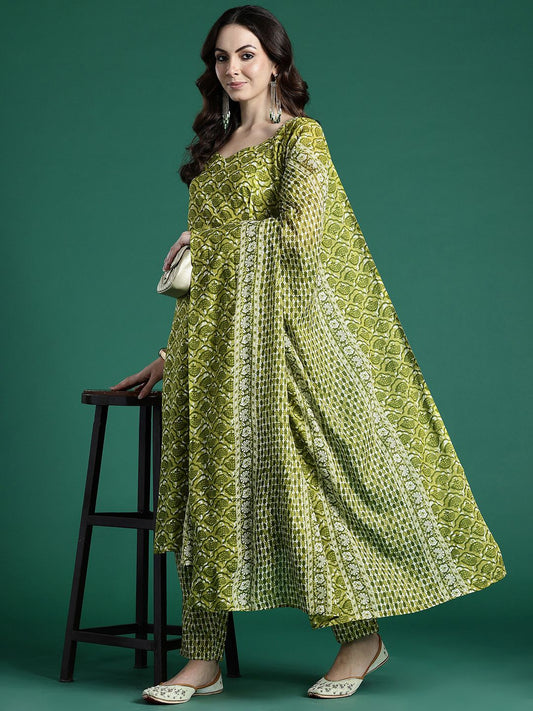 Dhiyona IE Geometric Printed Pure Cotton Kurta with Trousers & Dupatta