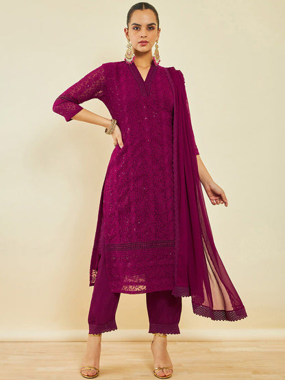 Dhiyona SO Women's Paisley Embroidered Sequinned Kurta With Trousers & Dupatta