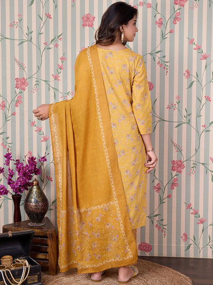 Dhiyona OD  Floral Printed Regular Pure Cotton Kurta with Trousers & Dupatta