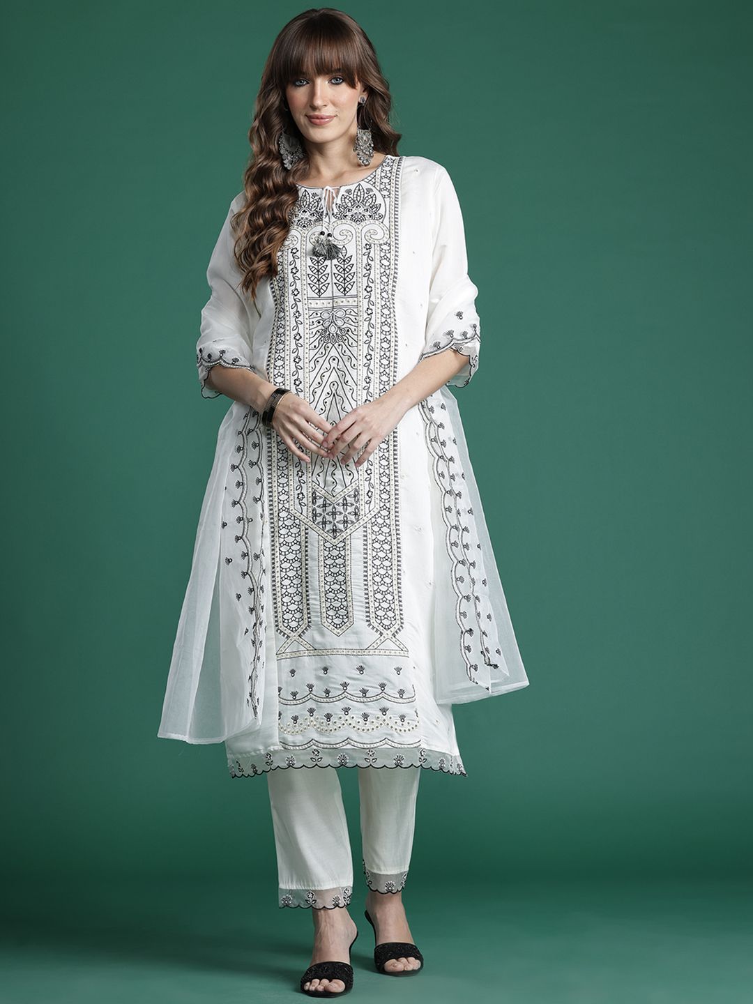Embroidered Kurta with Trousers & Dupatta