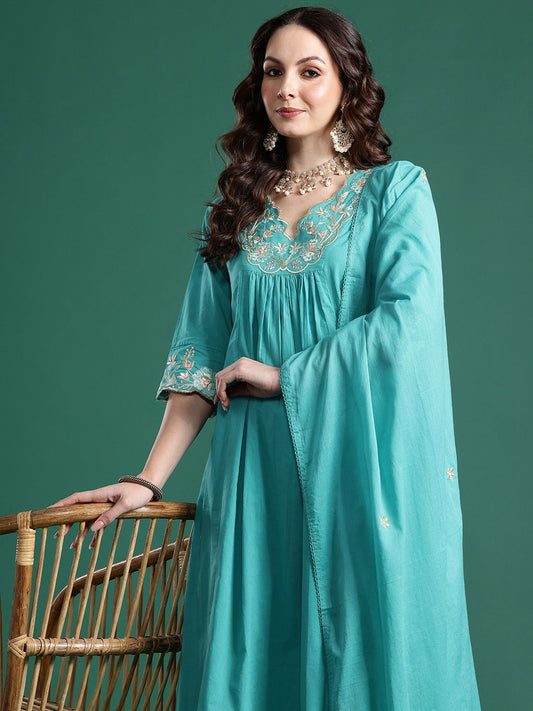 Dhiyona IE Floral Embroidered Pure Cotton Kurta with Trousers & Dupatta