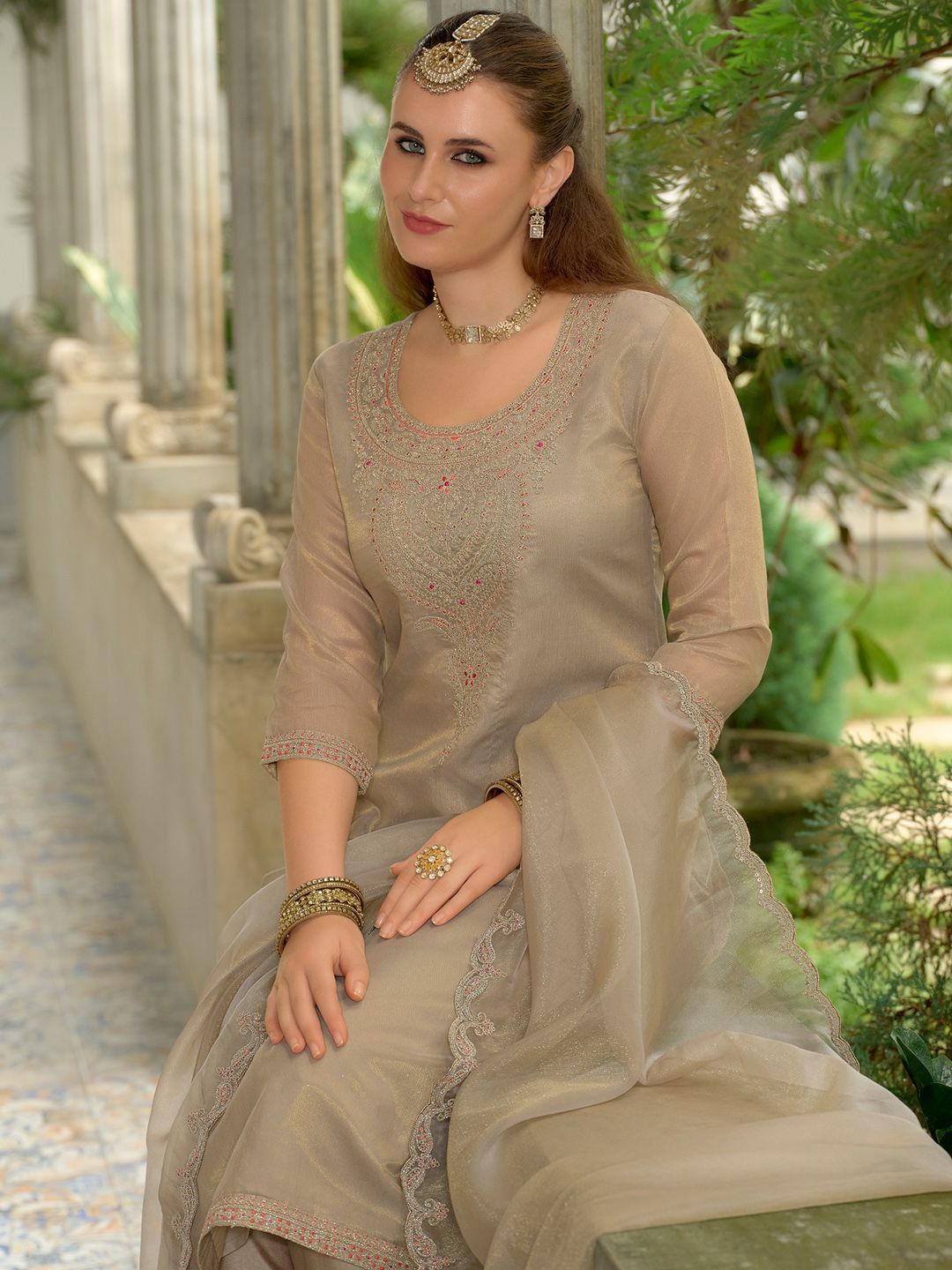 Dhiyona IE Adults-Women Woven Design Embroidered Kurta with Trousers & Dupatta