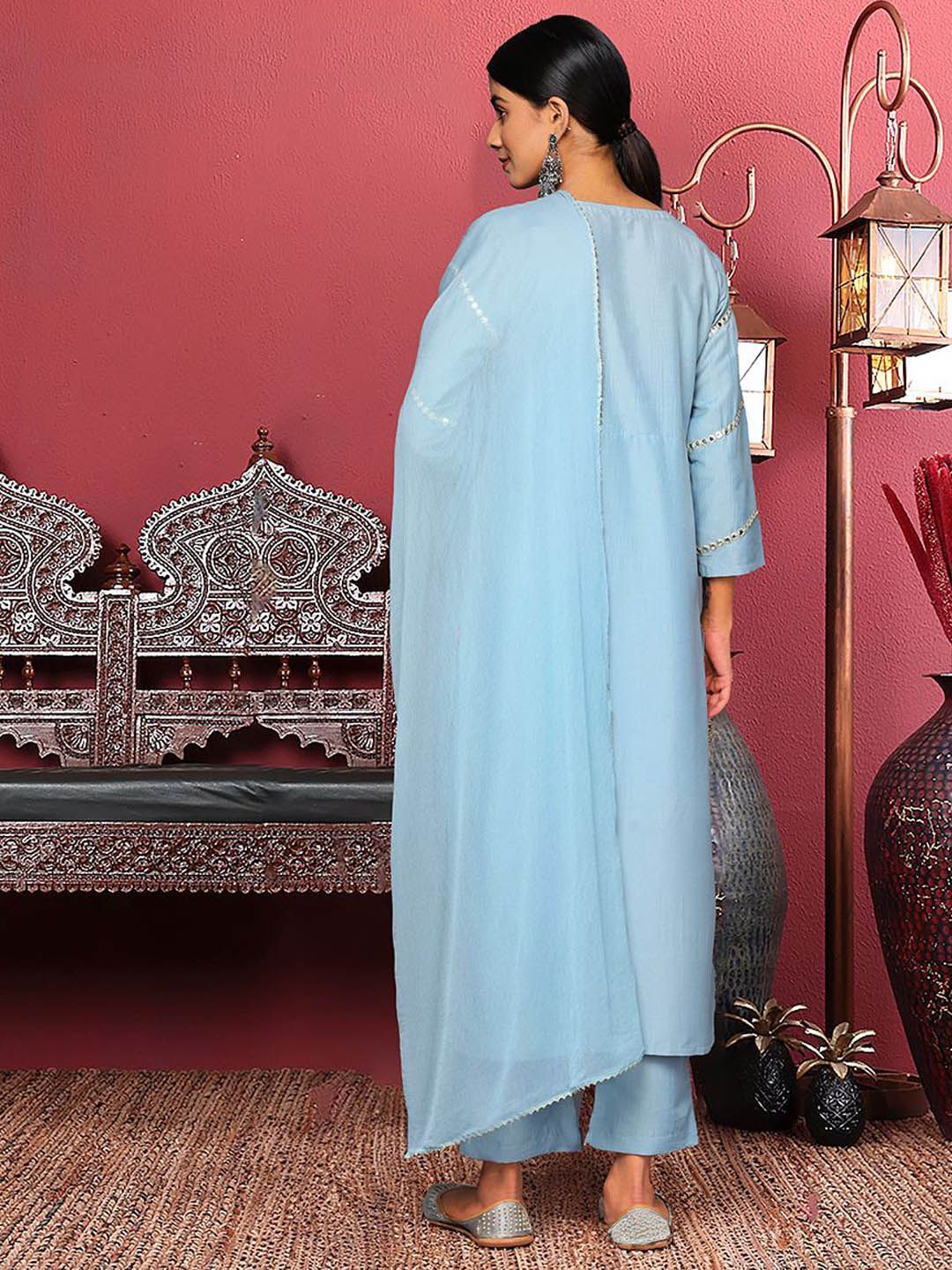 Dhiyona VA Women'sBlue Floral Embroidered Mirror Work Straight Kurta With Trousers & Dupatta