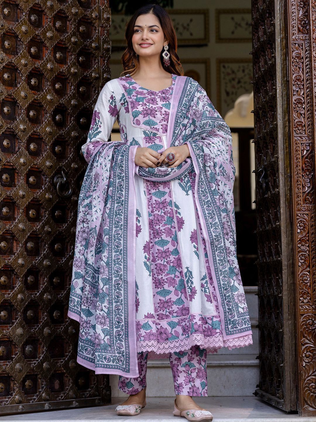 Dhiyona IE Floral Printed Empire Pure Cotton Anarkali Kurta With Trouser & Dupatta