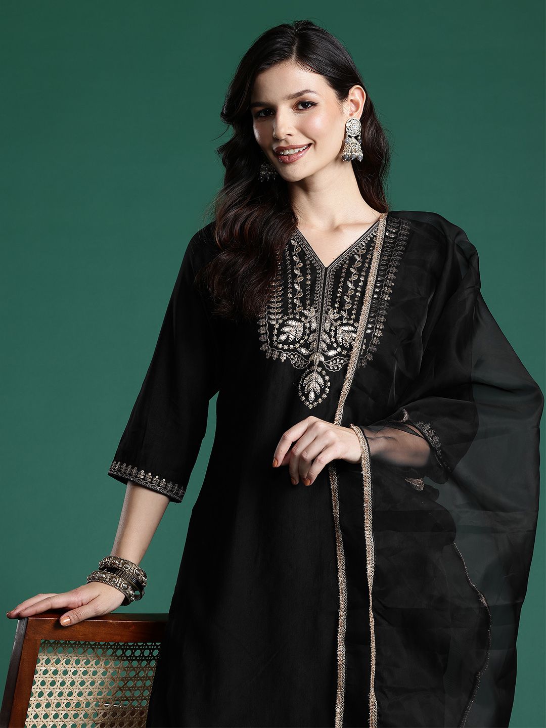 Dhiyona IE Ethnic Motifs Zari Embroidered Liva Kurta With Sharara & Dupatta