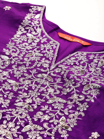Dhiyona IE Floral Embroidered Sequinned Liva Kurta with Trousers & With Dupatta