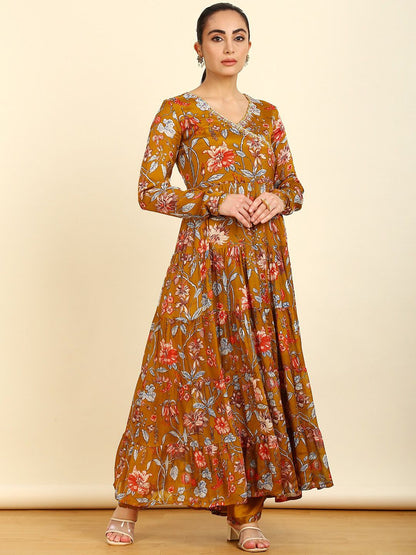 Dhiyona SO Women's Floral Printed Angrakha Mirror Work Anarkali Kurta with Trousers & With Dupatta