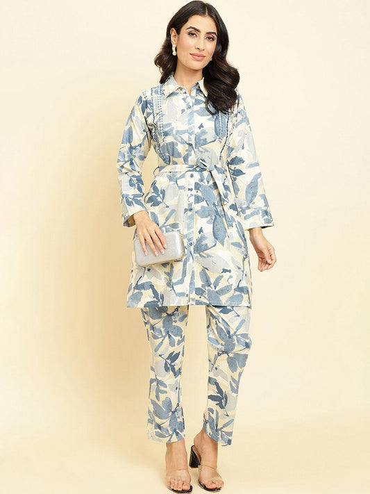 Dhiyona VA Women'sFloral Printed Shirt Collar Kurta With Trousers
