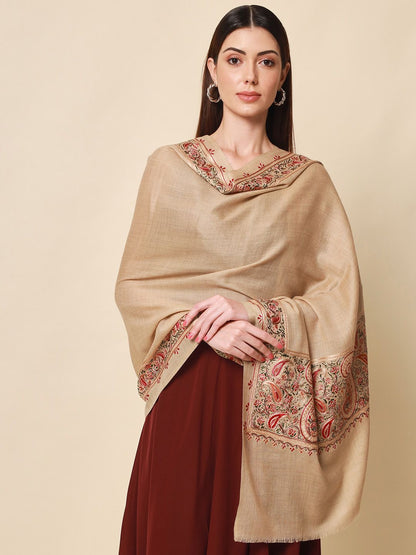 Dhiyona PA Women Beige Embroidered Pure Wool Shawl