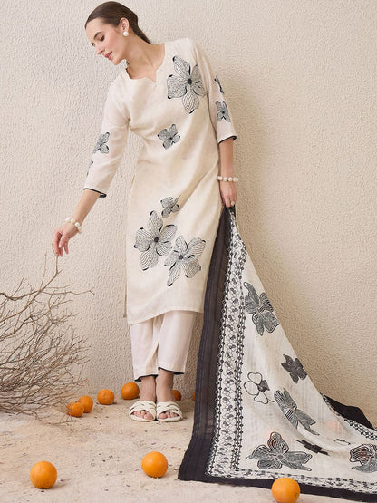 Dhiyona IE Floral Embroidered Notch Neck Sequinned Linen Kurta With Trousers & Dupatta