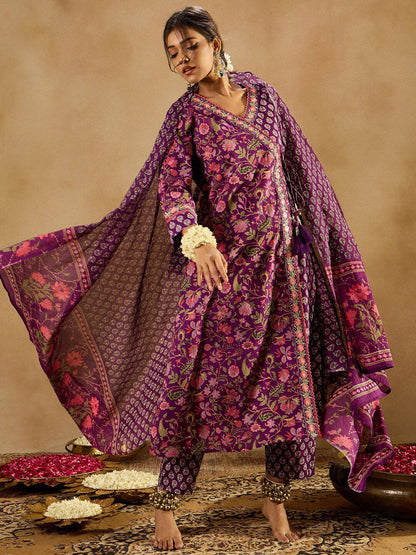 Dhiyona IE Purple Floral Printed Angrakha V-Neck Thread Work Pure Cotton A-Line Kurta Set