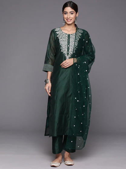 Dhiyona VA Women'sFloral Embroidered Regular Chanderi Silk Zari Kurta with Trousers & Dupatta