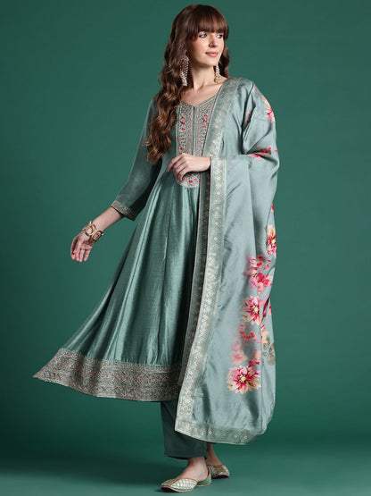 Floral Embroidered Sequinned Kurta With Trousers & Dupatta