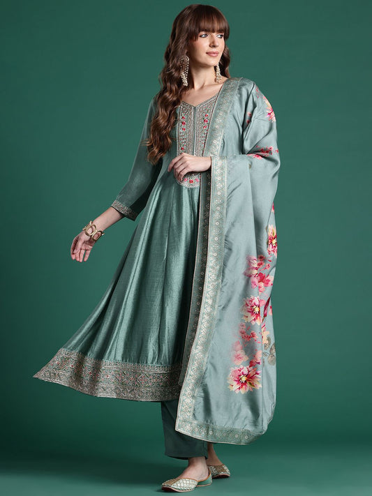 Floral Embroidered Sequinned Kurta With Trousers & Dupatta