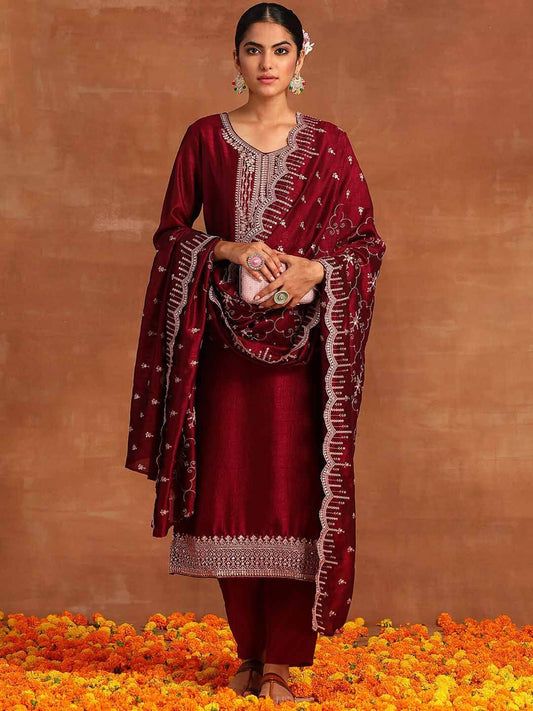 Dhiyona IE Floral Yoke Design Sequinned Straight Kurta With Trouser & Dupatta