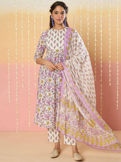 Dhiyona IE Floral Printed Key Hole Neck Pure Cotton Kurta With Trousers & Dupatta