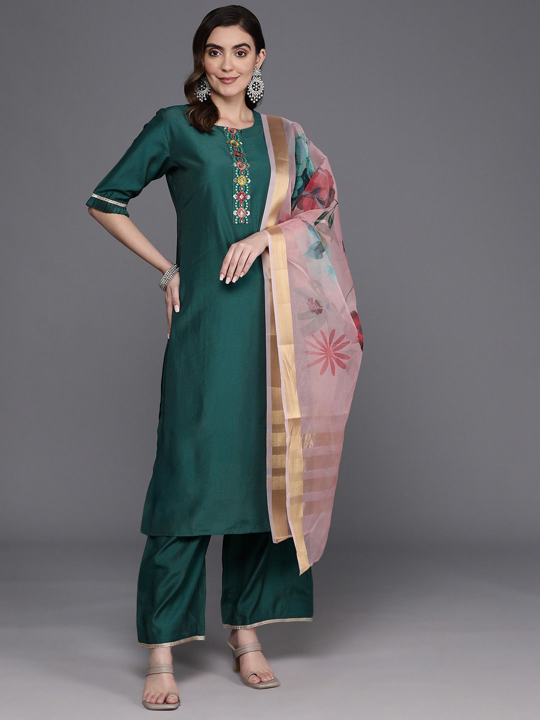 Dhiyona IE Floral Embroidered Regular Thread Work Liva Kurta with Palazzos & Dupatta